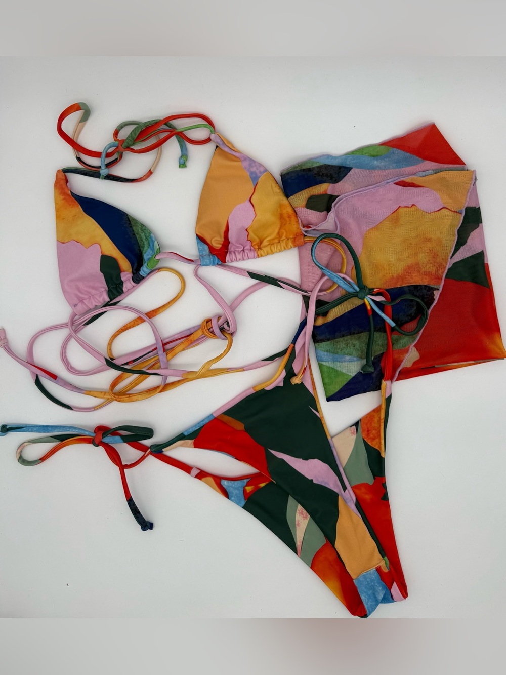 SHEIN 3 Piece Multicolor Abstract Bikini Set Sarong Cover Up Size S